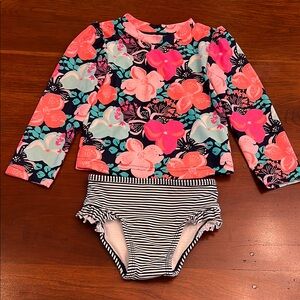 Carter's Pink and Navy Rashguard Swim Set with Floral and Striped Design